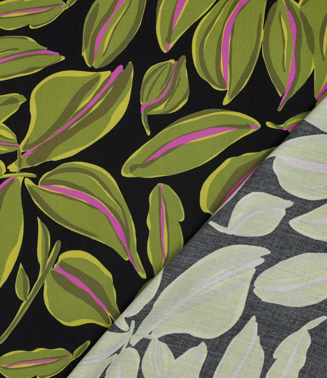 leaves - mosgroen op zwart - viscose