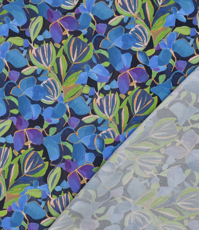 prachtig kobaltblauw en groen bloemen - gesatineerde viscose