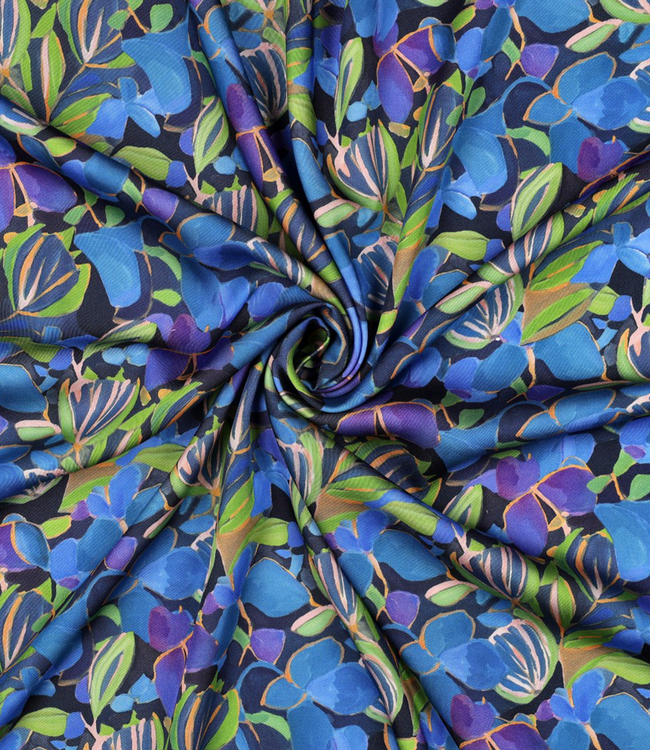 prachtig kobaltblauw en groen bloemen - gesatineerde viscose