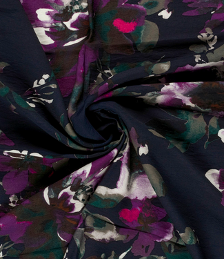 marineblauw met kardinaalpaarse bloemen - prachtig geweven linnenlook rayon