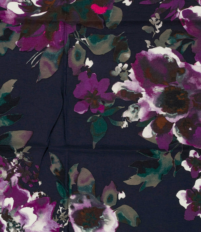 marineblauw met kardinaalpaarse bloemen - prachtig geweven linnenlook rayon