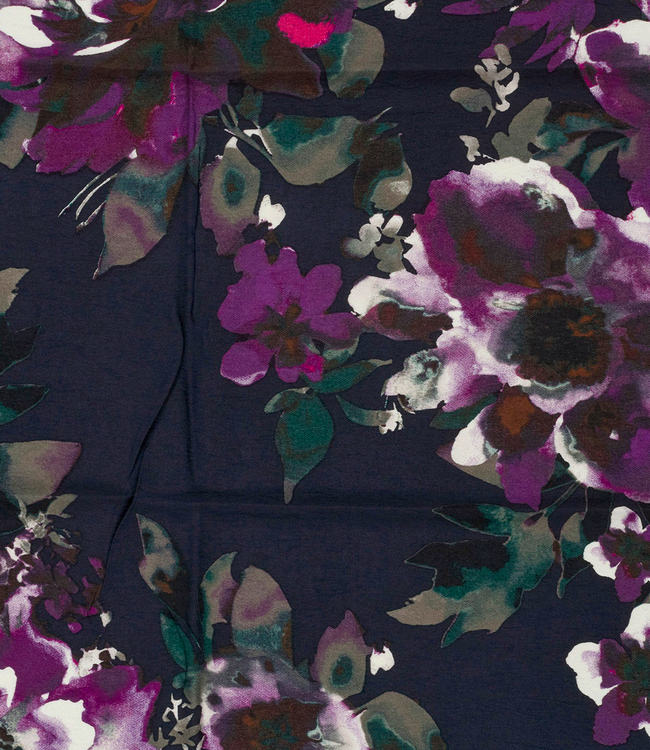 marineblauw met kardinaalpaarse bloemen - prachtig geweven linnenlook rayon