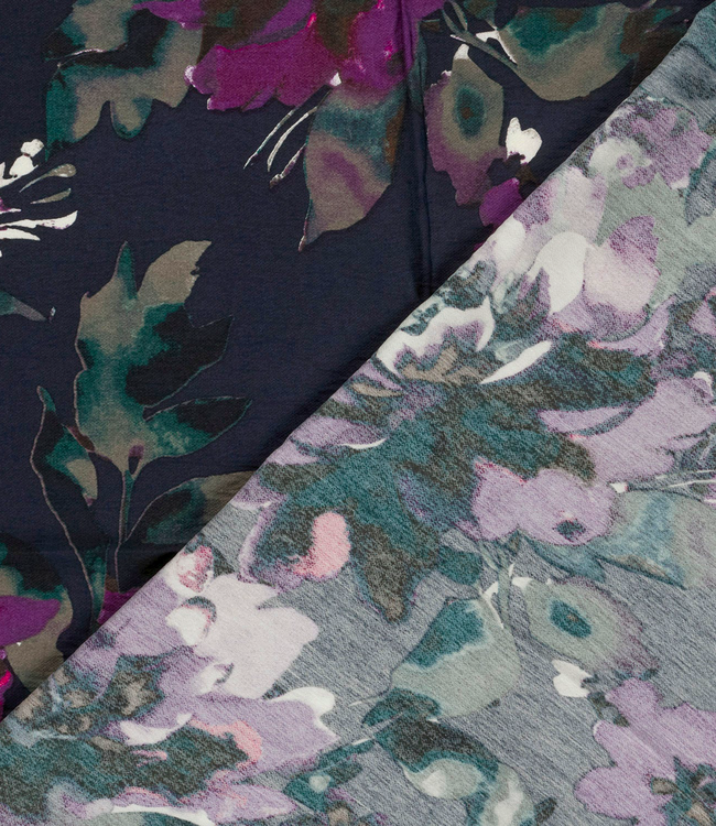 marineblauw met kardinaalpaarse bloemen - prachtig geweven linnenlook rayon
