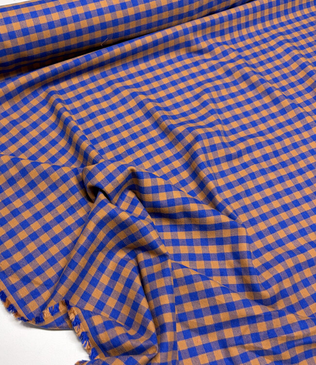Vichy ruitjes flanel - caramel en kobaltblauw