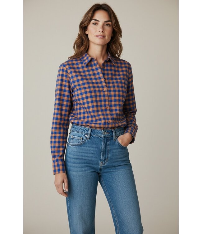 Vichy ruitjes flanel - caramel en kobaltblauw