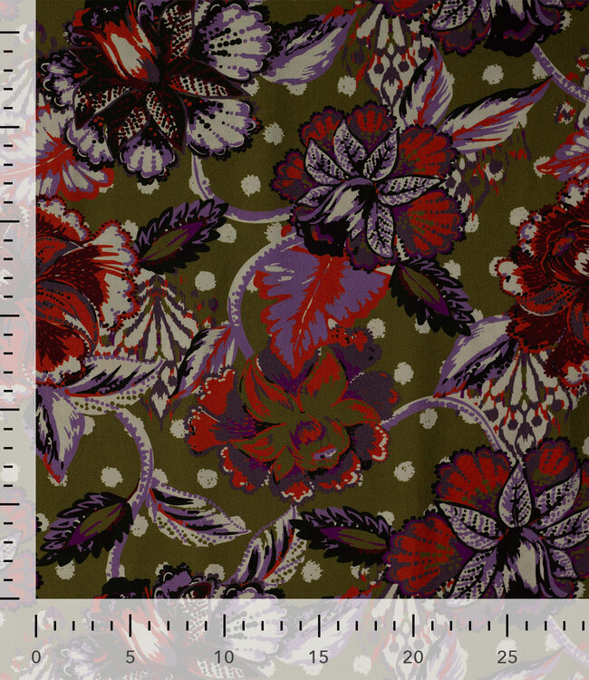 khakigroen lila en oranje paisley bloemen - ecovero viscose twill