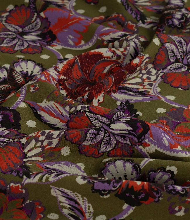 khakigroen lila en oranje paisley bloemen - ecovero viscose twill