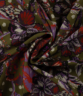 khakigroen lila en oranje paisley bloemen - ecovero viscose twill