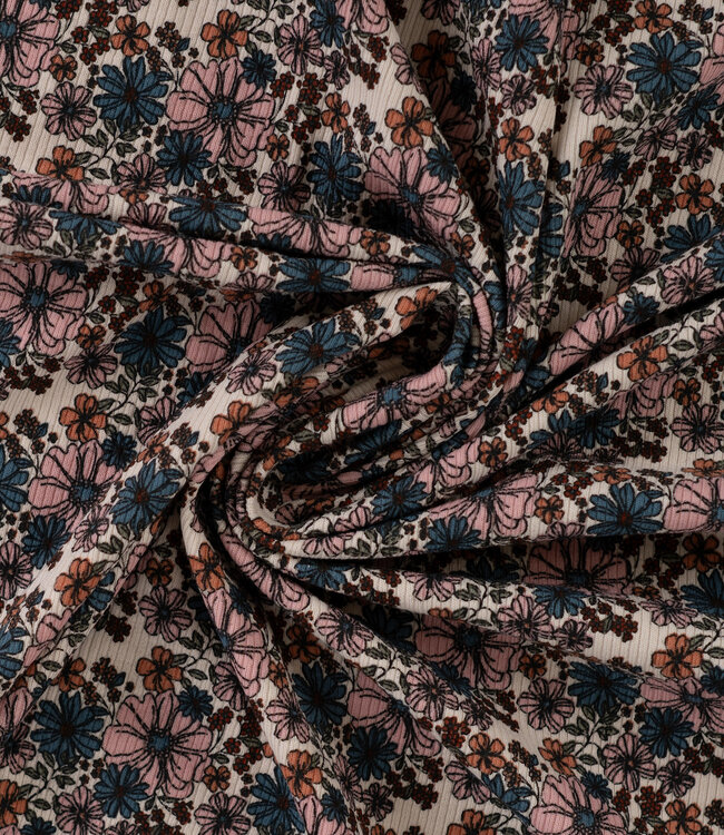 bloemetjes zachtroze en jeansblauw - geribbelde tricot