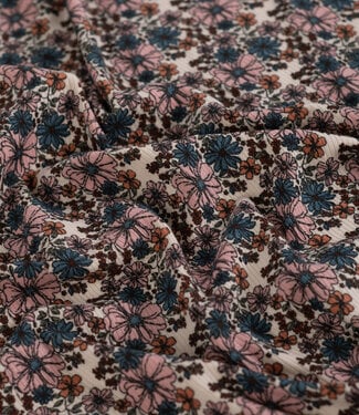 bloemetjes zachtroze en jeansblauw - geribbelde tricot