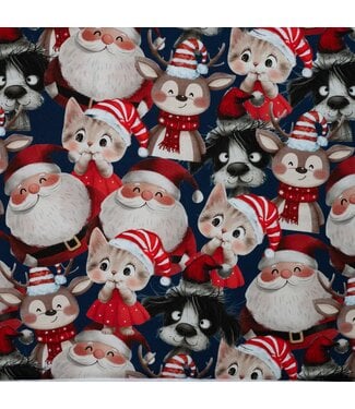 kerstbeestenboel marineblauw en rood - french terry