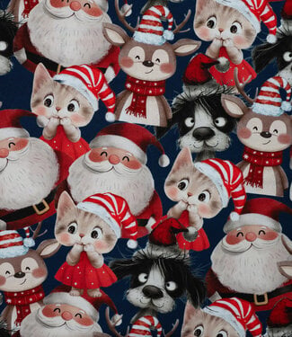Kerst beestenboel marineblauw en rood - french terry