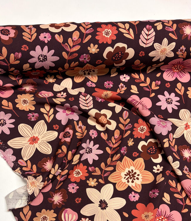 bordeaux en roze bloemen viscose