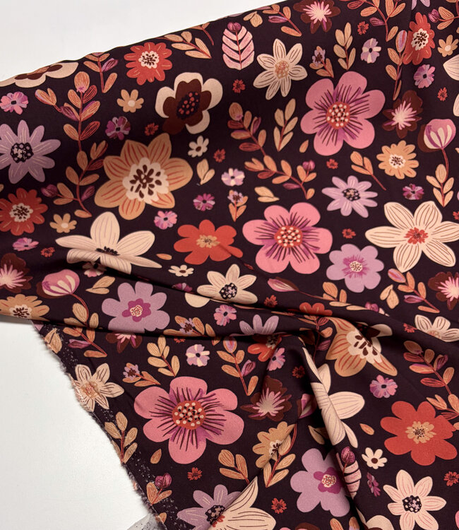 bordeaux en roze bloemen viscose
