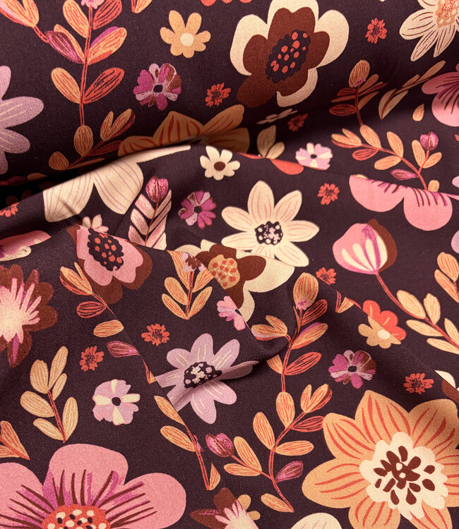 bordeaux en roze bloemen viscose