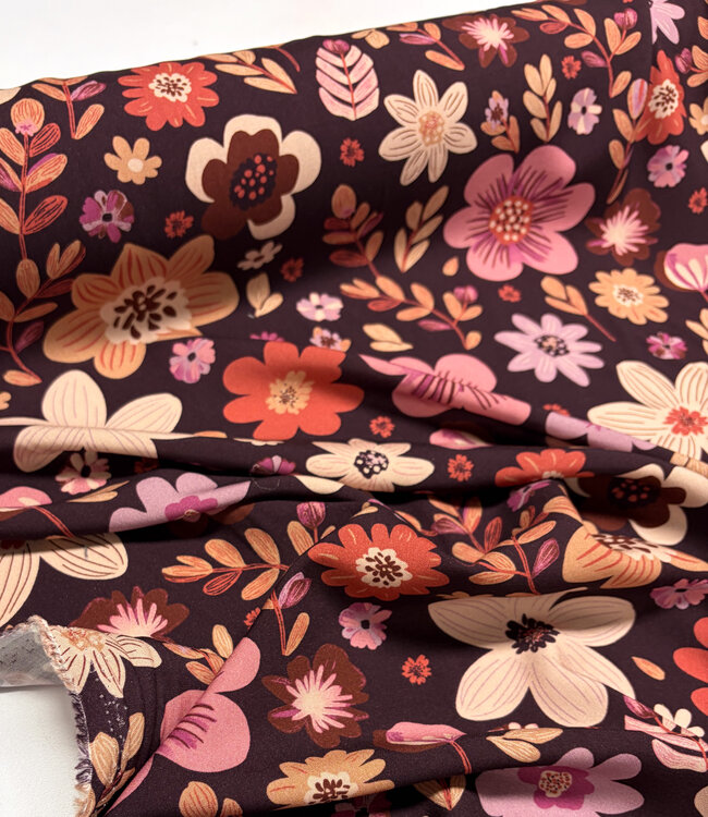 bordeaux en roze bloemen viscose