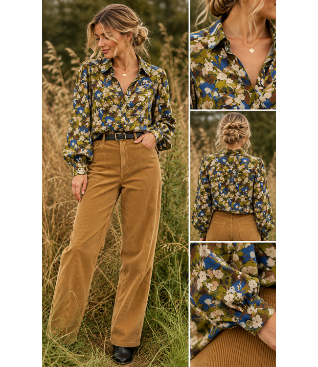 olijfgroen en denimblauwe bloemen viscose