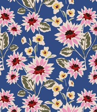jeansblauwe bloemetjes - katoen tricot