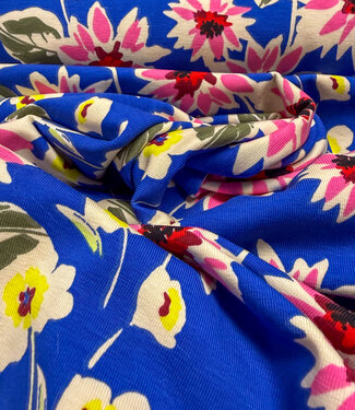 jeansblauwe bloemetjes - katoen tricot