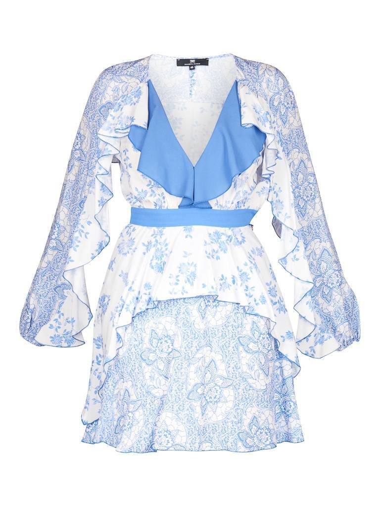 Elisabetta Franchi Jurk met print en ruches lichtblauw