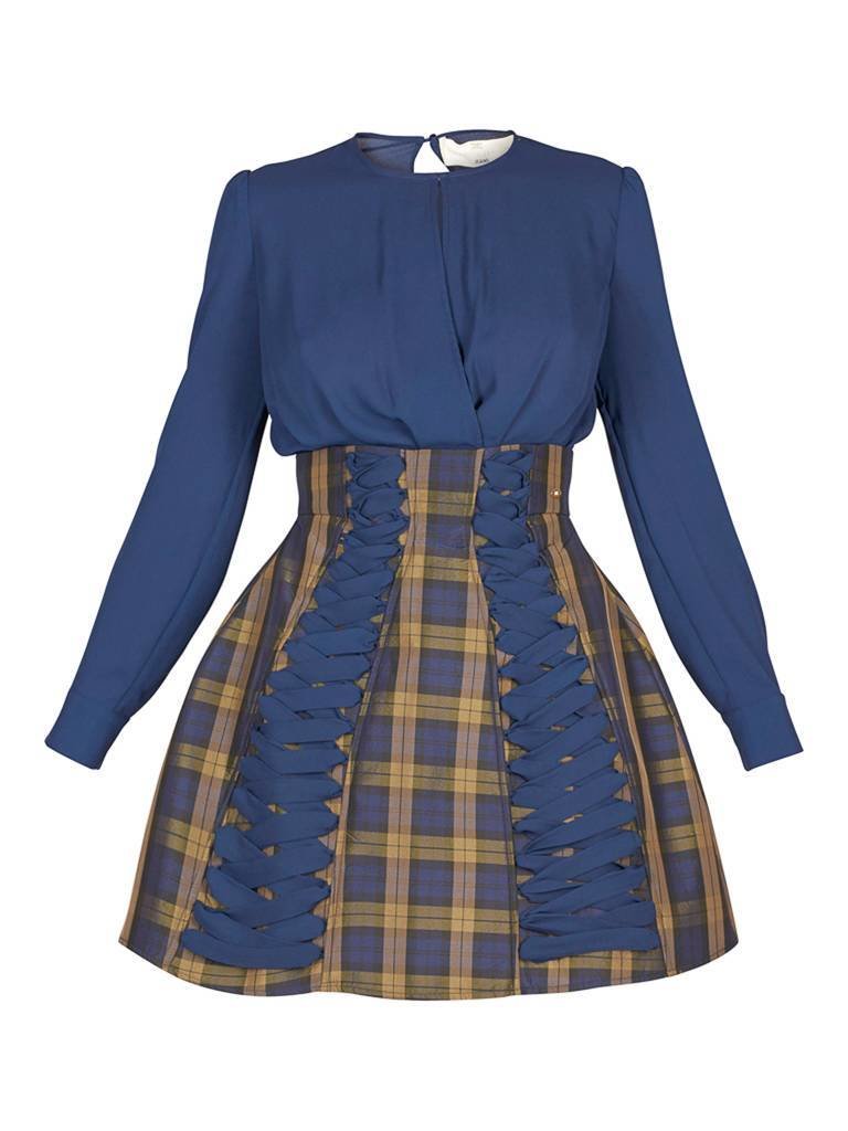 Elisabetta Franchi Jurk met geruite rok blauw-groen