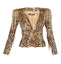 Elisabetta Franchi Animalier blazer with fringes leopard print