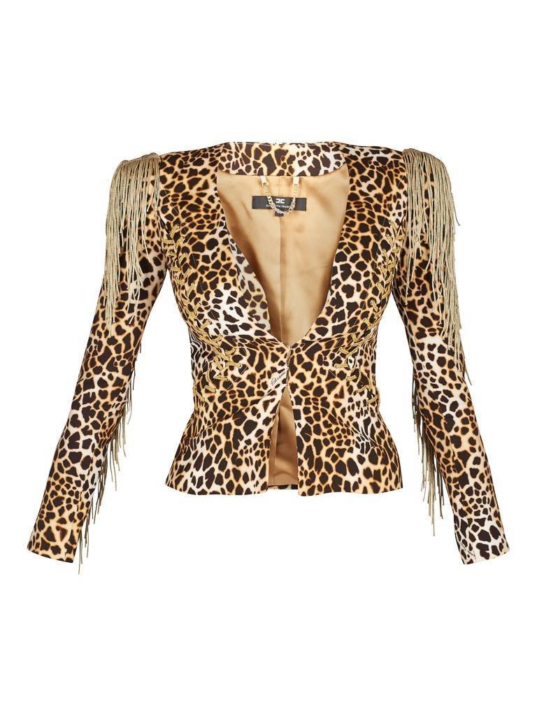 Elisabetta Franchi Animalier blazer with fringes leopard print