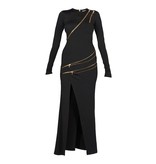 Pierre Balmain Maxi Kleid mit goldenen Reißverschlüssen schwarz