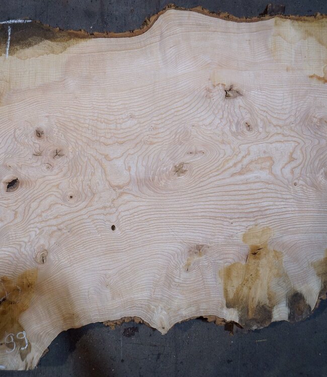 Esche Maser Tischplatte, ca. 2600 x 990/990/680 x 40-48 mm, 13518
