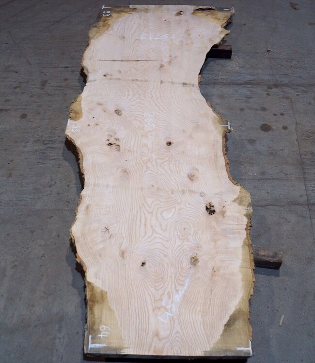 Esche Maser Tischplatte, ca. 2600 x 990/930/640 x 40-48 mm, 13519