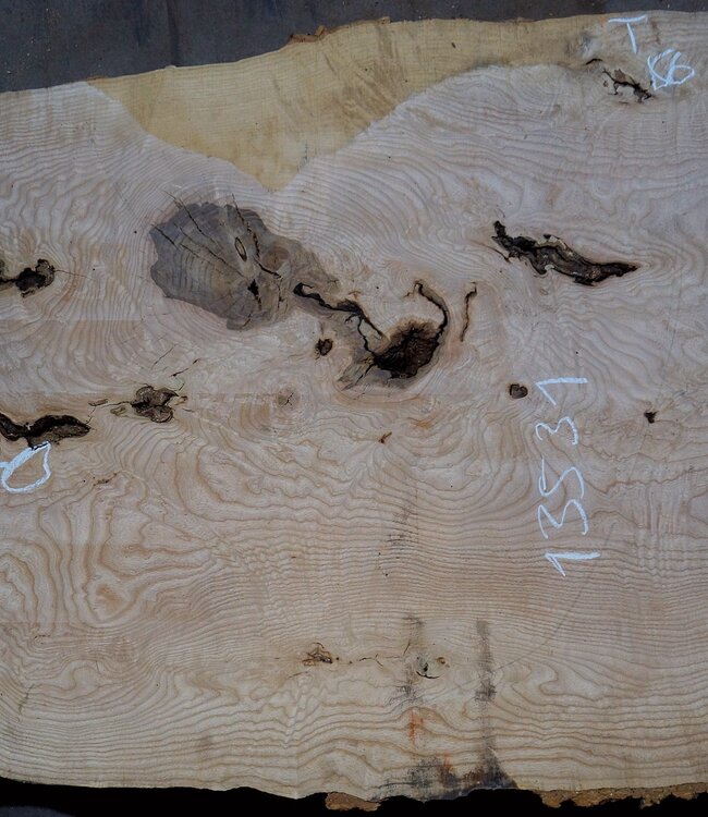 Esche Maser Tischplatte, ca. 2000 x 700/590/860 x 52 mm, 13531