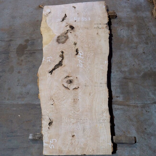 Esche Maser Tischplatte, ca. 2000 x 700/590/860 x 52 mm, 13531