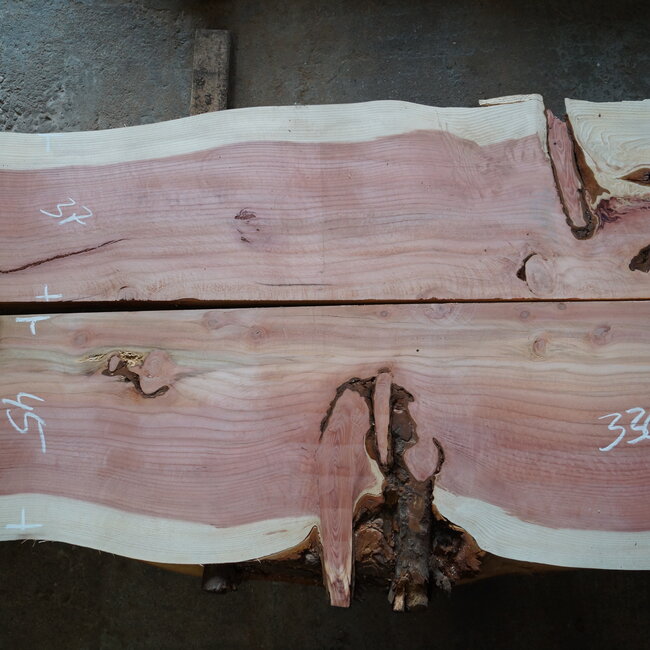 Redwood table top pair, approx. 3300 x 440(530)/520(580) x 65 mm, 13193 a+b