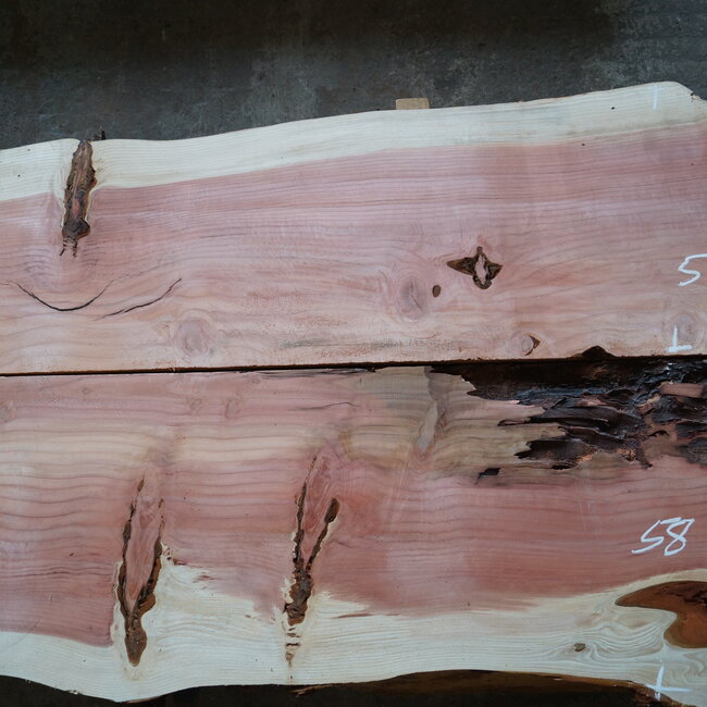 Redwood table top pair, approx. 3300 x 440(530)/520(580) x 65 mm, 13193 a+b