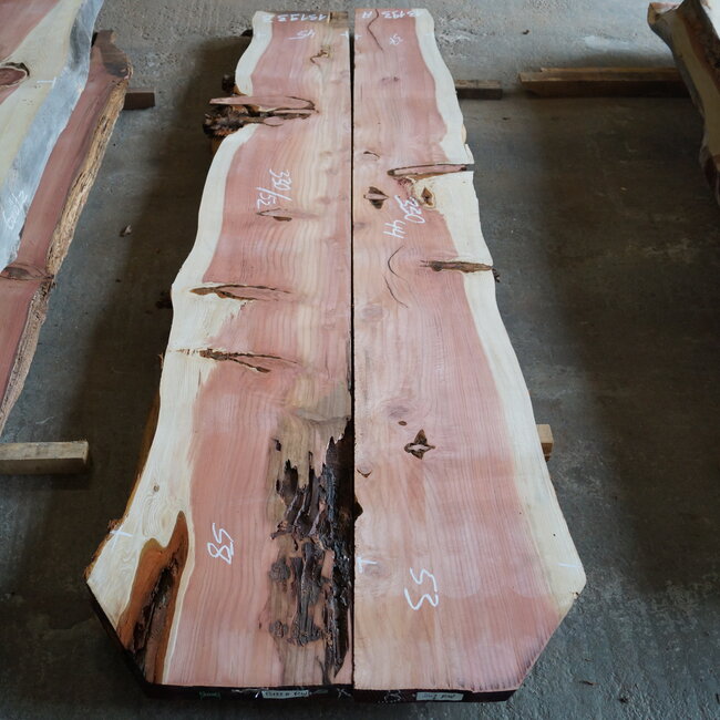 Redwood table top pair, approx. 3300 x 440(530)/520(580) x 65 mm, 13193 a+b