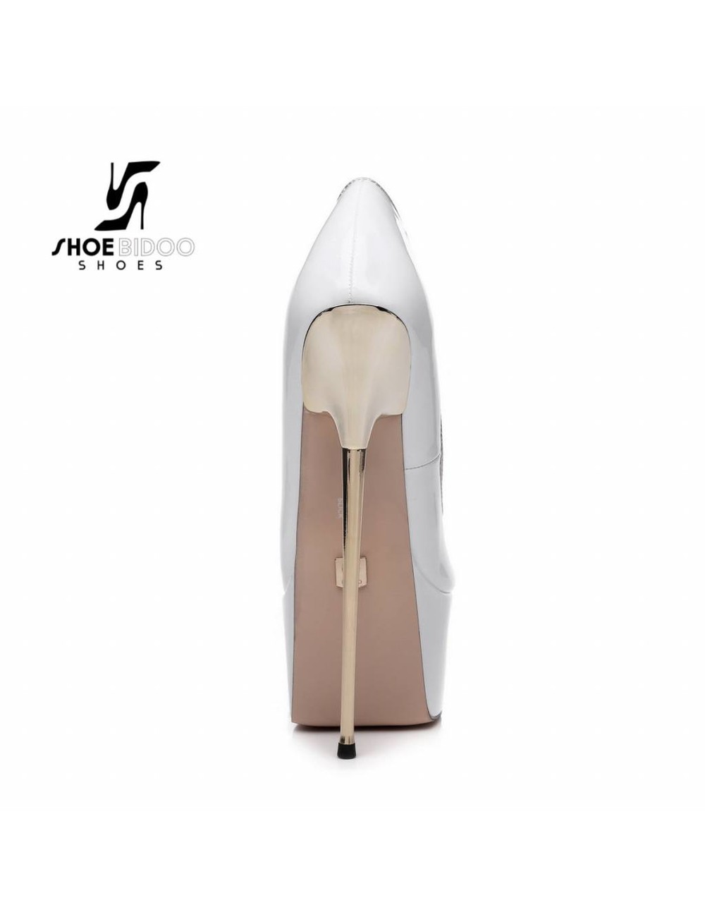 SLICK White lacquer platform pumps with ultra high gold metal heels