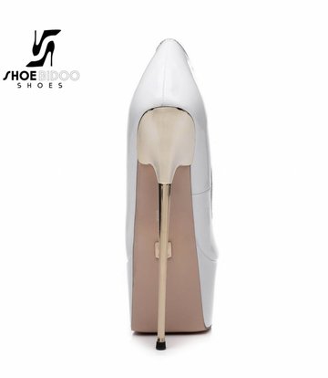 SLICK White lacquer platform pumps with ultra high gold metal heels