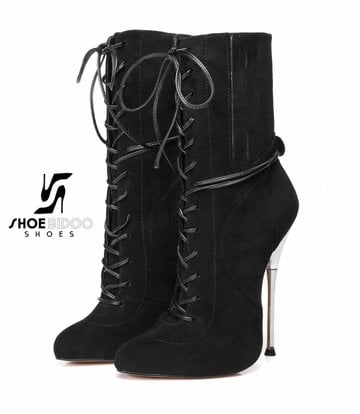 Giaro Black suede ankle boots with ultra high silver metal heels and lacing