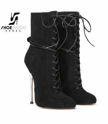 Giaro Black suede ankle boots with ultra high silver metal heels and lacing