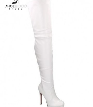 Jumex Vegan White thigh boots with ultra high heels and platform