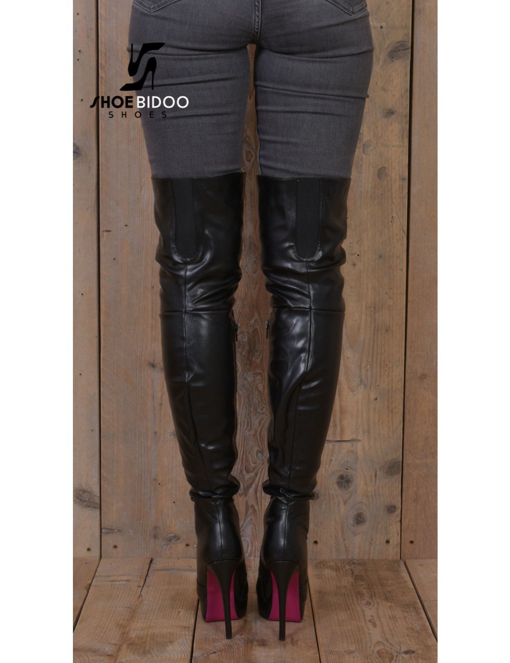 Jumex Vegan Black thigh boots with ultra high heels and platform