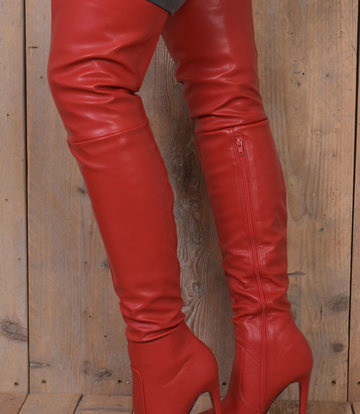 Jumex Vegan Red thigh boots with ultra high heels and platform