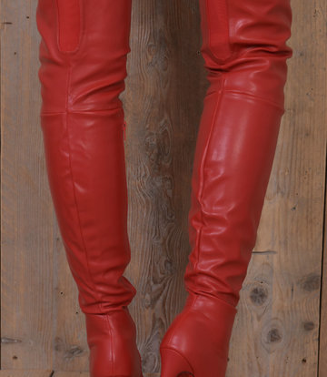 thigh high red flat boots