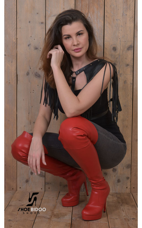 Red thigh boots with high heels and red 