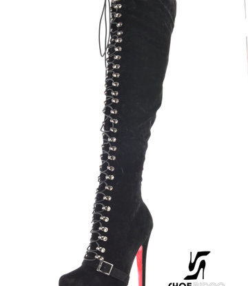 CoCo Vegan Black earth high lace up boots with belt - red soles