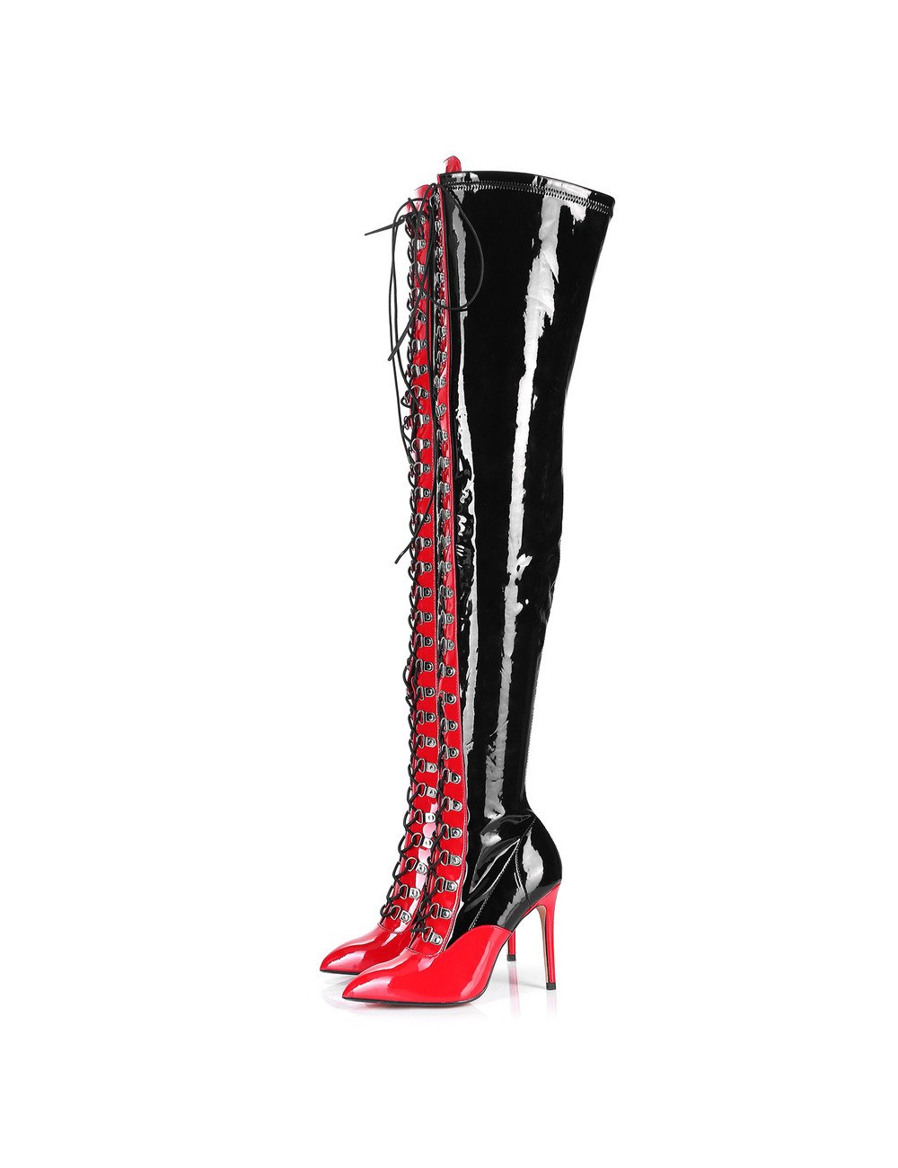 red thigh high lace up heels