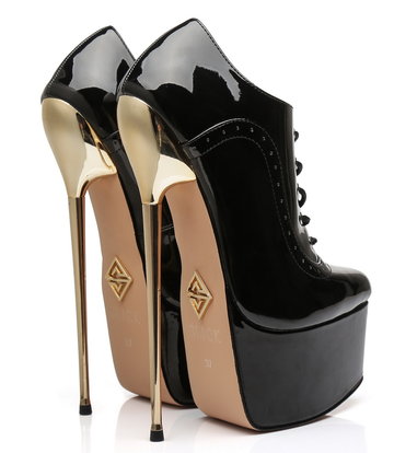 SLICK Black shiny Giaro ultra Fetish platform oxfords with gold heels