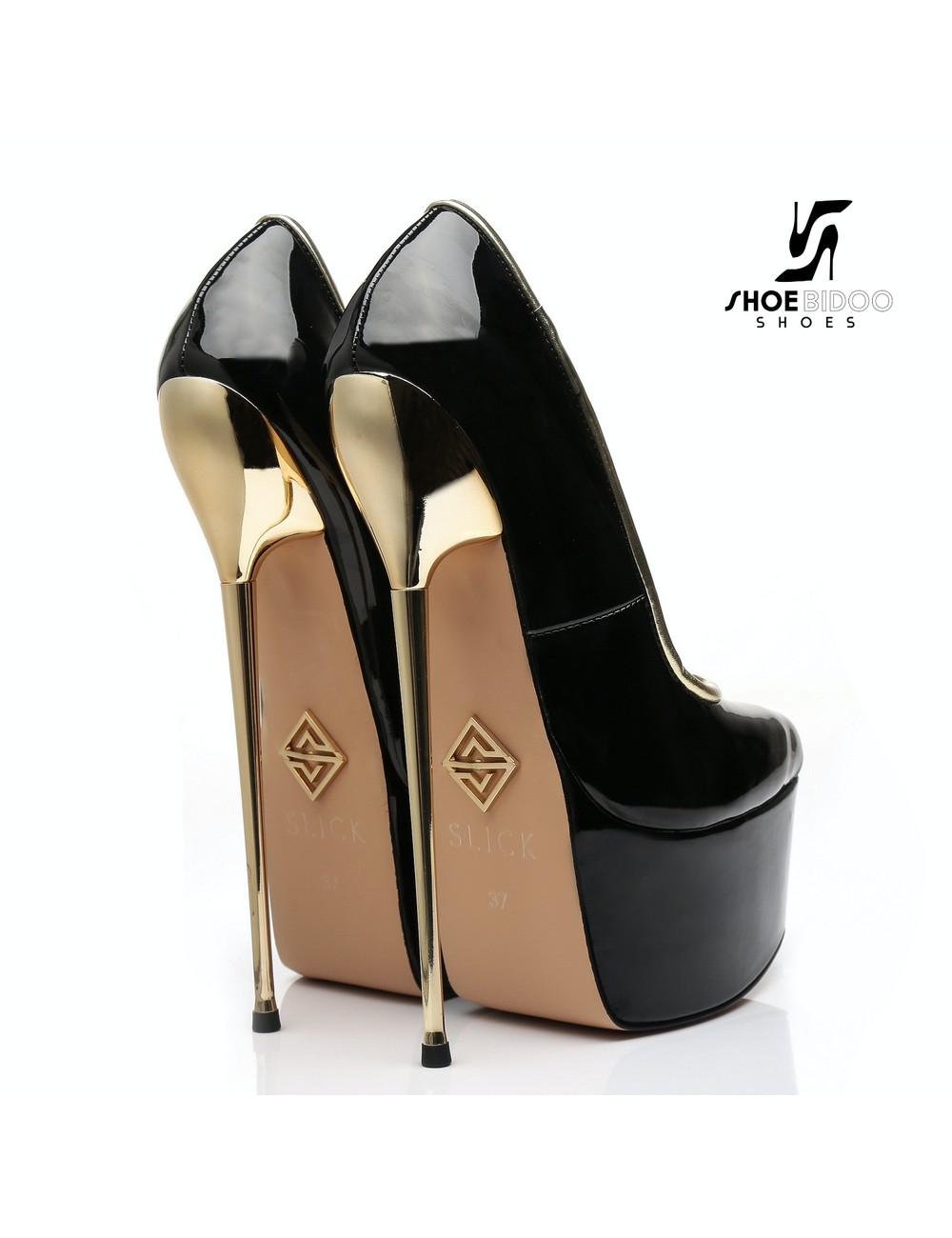 SLICK Black shiny Giaro ultra Fetish platform pumps with gold heels