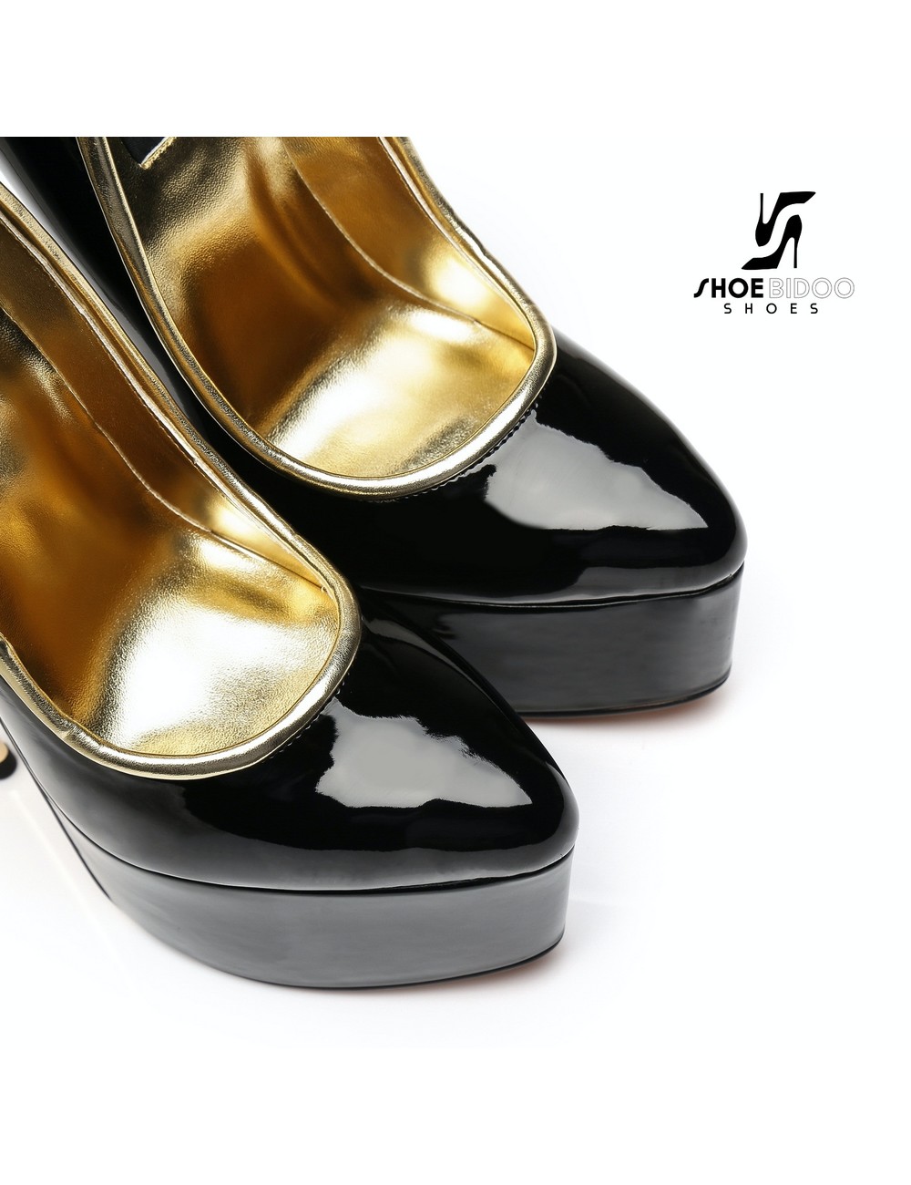 SLICK Black shiny Giaro ultra Fetish platform pumps with gold heels