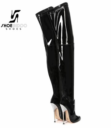 Giaro Black patent thigh boots with ultra high silver metal heels OUTLET